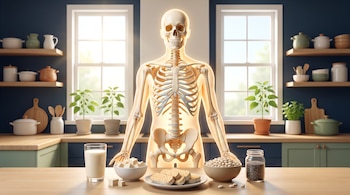 Un esqueleto humano iluminado ante una mesa con un vaso de leche de soja, tofu, tempeh, porotos blancos y un frasco de semillas de chía.