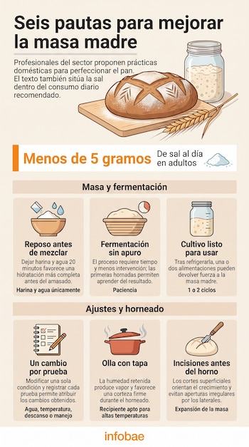 Infografía con ilustraciones de un pan horneado, frasco de masa madre, recipientes, libreta, olla y recomendaciones de preparación.