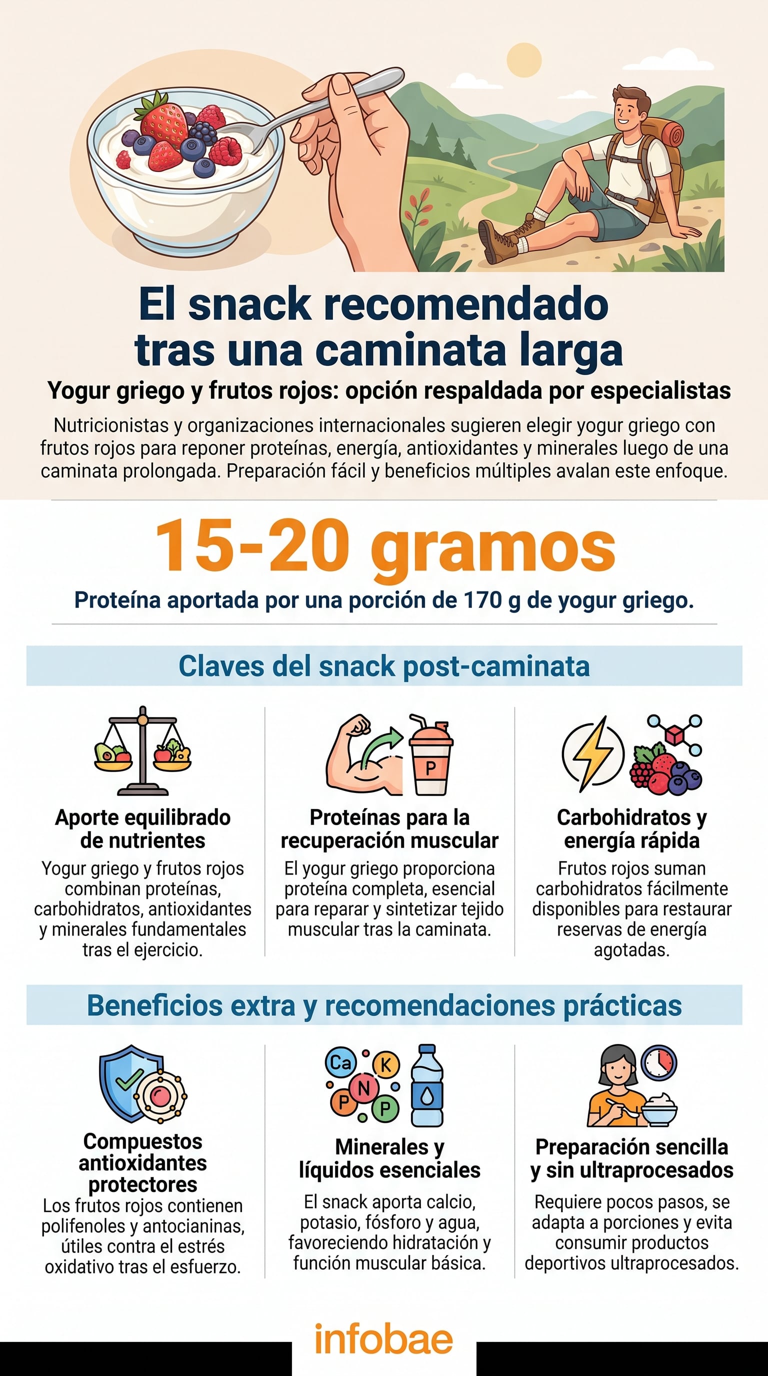 El yogur griego natural con frutos rojos se consolida como colación post caminata por su equilibrio de macronutrientes. (Imagen Ilustrativa Infobae)