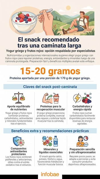 Tazón de yogur con frutos rojos y mano con cuchara. Hombre con mochila descansa en senda de montaña. Infografía de Infobae sobre snack post-caminata.