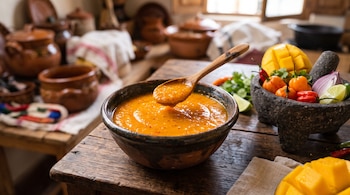 Un cuenco de barro con salsa de color naranja, una cuchara de madera, mango y un molcajete con chiles habaneros y cebolla morada.