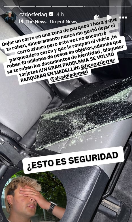 Carlos cuestionó que el vehículo fuera vandalizado pese a que estaba en una zona de estacionamiento por la que había pagado - crédito @carlosferiag/ Instagram