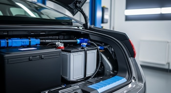 Maletero de auto híbrido enchufable con baterías grandes, cables y conectores azules en primer plano, fondo desenfocado de taller mecánico.
