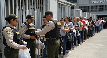 Oficiales de policía penitenciaria, con uniformes beige y chalecos negros, inspeccionan bolsos y tazas de personas que hacen fila para ingresar a la prisión La Reforma.