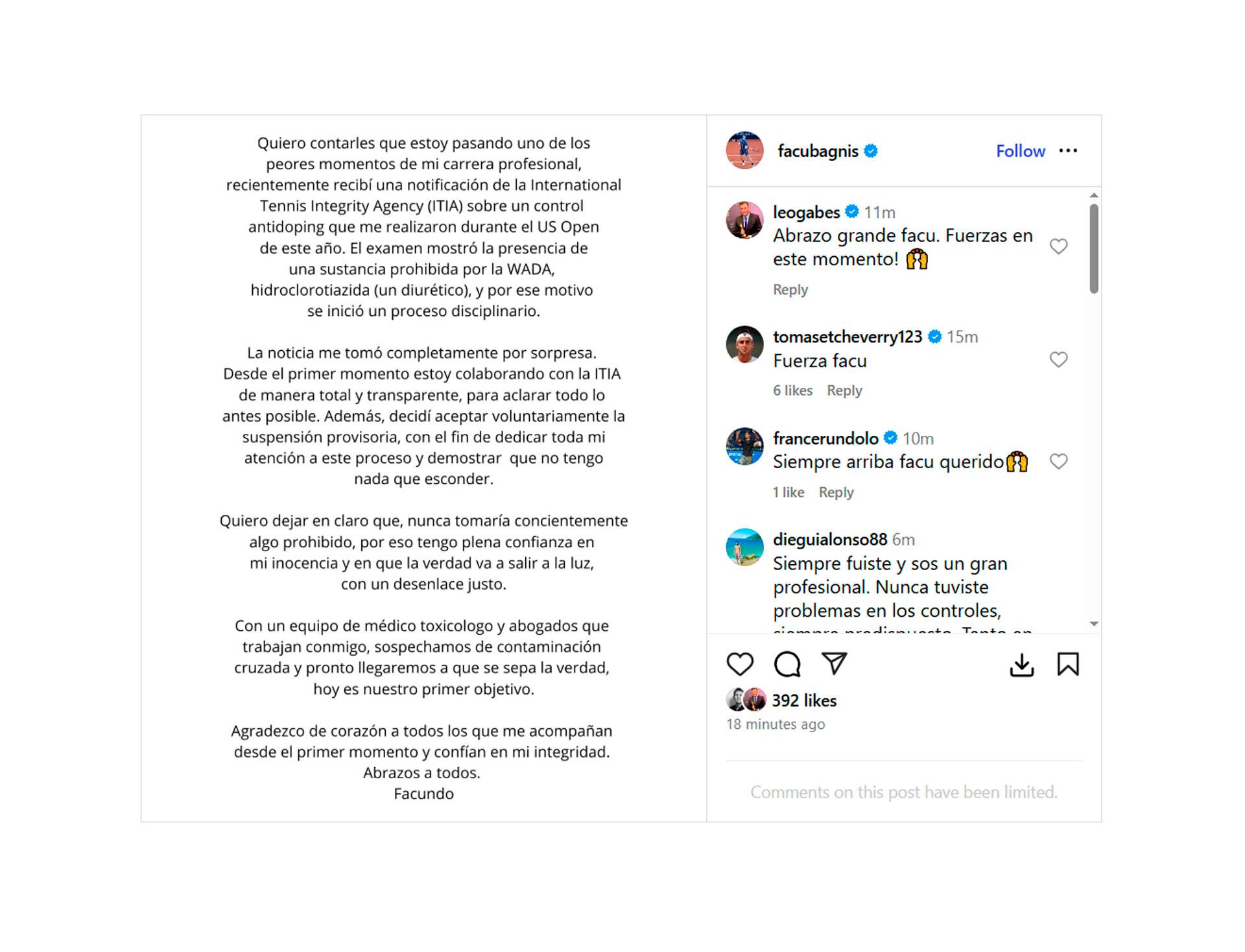 El comunicado de Bagnis en redes sociales
