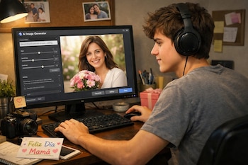Joven con auriculares frente a una computadora, mirando una pantalla que muestra un retrato de mujer sonriente con flores, creado por IA.