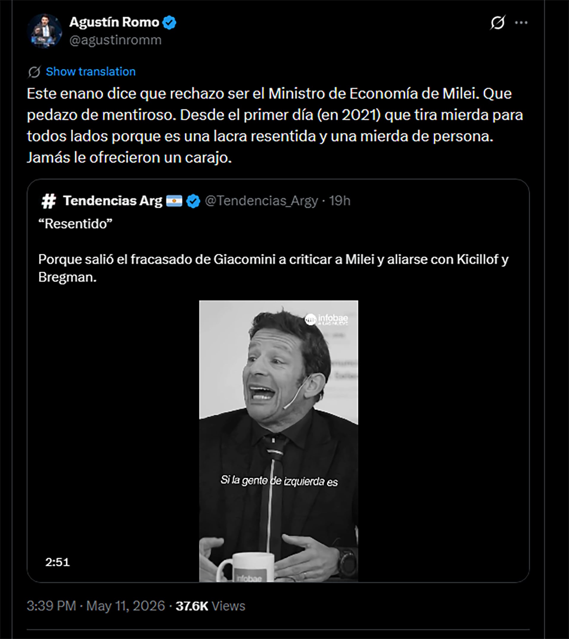 Agustín Romo desmintió el ofrecimiento del cago de ministro de Economía a Diego Giacomini (@agustinromomm)