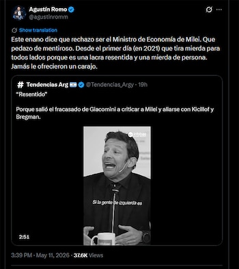 Captura de pantalla de un tuit de Agustín Romo en X. El tuit contiene texto en español y una miniatura de video en blanco y negro de Javier Giacomini con el logo de Infobae
