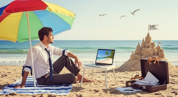 Hombre en camisa y corbata bajo sombrilla en playa, con laptop, castillo de arena, bandera del SAT, dos cangrejos, maletín y gaviotas sobre el mar.