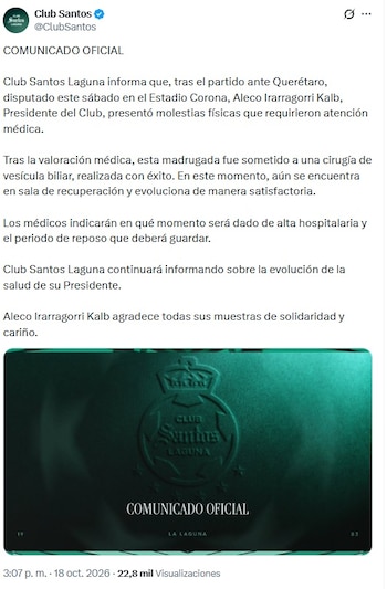 Comunicado Santos Laguna sobre la salud de Aleco Irarragorri