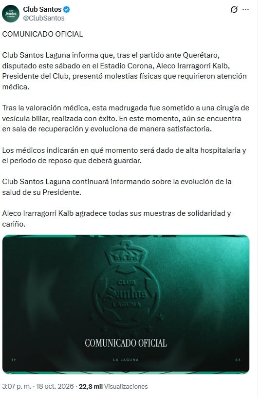 Comunicado Santos Laguna sobre la salud de Aleco Irarragorri
