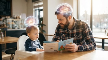 Un hombre barbudo leyendo un libro a un niño sentado en una silla alta en una cafetería, con imágenes de cerebros brillantes sobre sus cabezas.