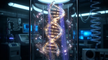 Una molécula brillante con forma de doble hélice, similar al ADN, dentro de un cilindro de vidrio en un laboratorio oscuro, rodeada de partículas luminosas y rayos de luz violeta.