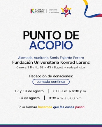 La Konrad Lorenz habilitó un centro de acopio en Bogotá para recibir hasta el 14 de agosto donaciones para los damnificados por el sismo - crédito Fundación Universitaria Konrad Lorenz