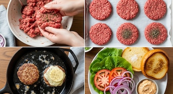 Manos modelan carne molida; seis hamburguesas crudas, dos con pimienta; dos hamburguesas cocidas con queso en sartén; pan, lechuga, tomate, cebolla y salsa en un plato.