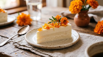 Una rebanada de gelatina blanca decorada con flores naranjas en un plato de cerámica junto a una cuchara sobre una mesa de madera.