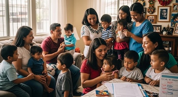Múltiples adultos y niños guatemaltecos se reúnen en una sala de estar, interactuando y sonriendo en un ambiente cálido y familiar.