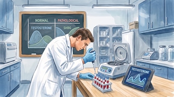 Un científico con bata blanca y guantes azules manipula tubos de ensayo con sangre; una pizarra muestra gráficos de testosterona y SHBG, y equipo de laboratorio.