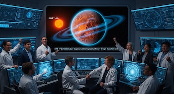 Un grupo de científicos observa una pantalla grande que muestra un exoplaneta anillado y una estrella. Monitores pequeños muestran datos y gráficos.
