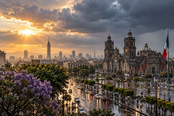 La Catedral Metropolitana y la Torre Latinoamericana se ubican en el Centro Histórico de la Ciudad de México durante un atardecer nublado.