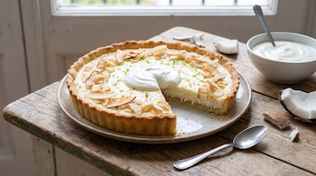 Tarta de coco y yogur con base crocante de galletas y relleno cremoso al horno. Una receta rápida y fácil, ideal para el postre o la merienda de cualquier día