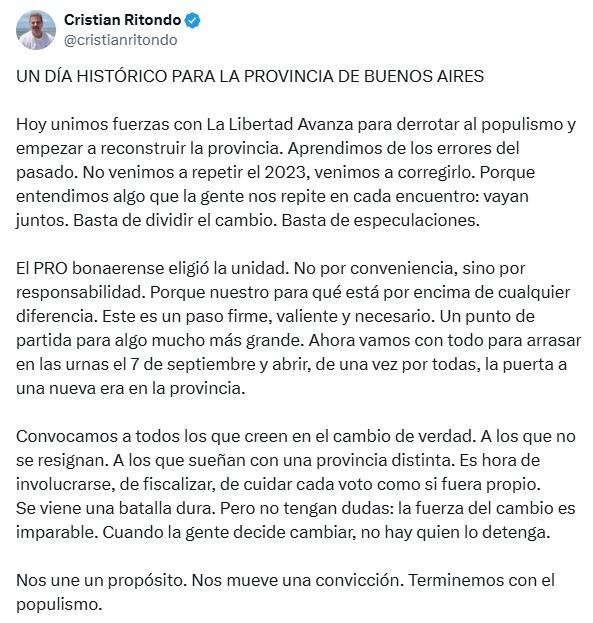 La publicación de Ritondo, presidente del PRO en Provincia de Buenos Aires