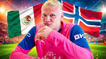 Futbolista Erling Haaland entre banderas de México y Noruega en un estadio - VisualesIA ScribNews