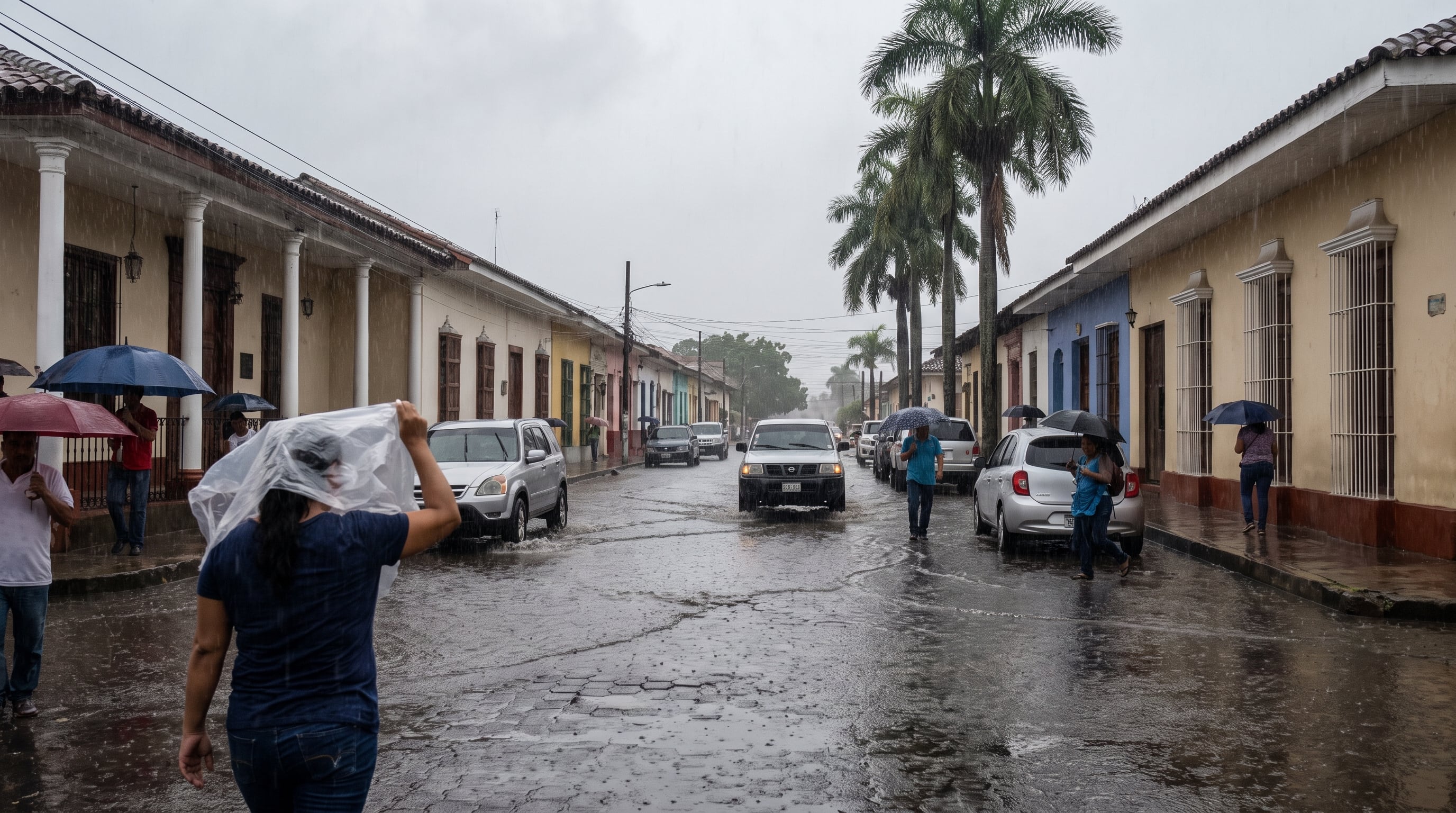 Calles coloniales de Nicaragua se llenan de agua mientras la gente transita bajo la lluvia, algunos con paraguas y otros cubriéndose con plásticos. (Imagen Ilustrativa Infobae)