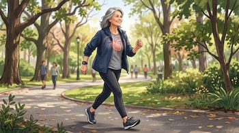 Ilustración de una mujer de cabello gris que camina en un parque, con un gráfico semitransparente de un corazón en el pecho y un reloj digital.