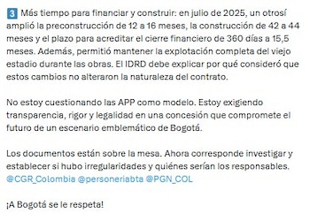 Un otrosí suscrito en julio de 2025 amplió los plazos para las fases de preconstrucción, construcción y cierre financiero del escenario deportivo. según expuso Quintero - crédito @JD_Quinteror/X