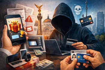 Mano sostiene celular con pantalla de regalo, trofeo y sobre. Persona encapuchada usa laptop con tarjeta, ATM. Dinero, tarjetas, identificación y rascacielos.