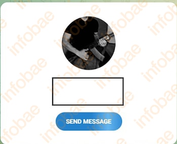 Pantalla de aplicación de chat con perfil en blanco y negro de torso de persona sujetando un fusil, campo de texto vacío y botón 'SEND MESSAGE'