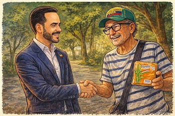 Dibujo de dos hombres sonriendo, uno de traje y otro con camiseta de rayas, gorra verde y un paquete de panela, dándose la mano al aire libre.