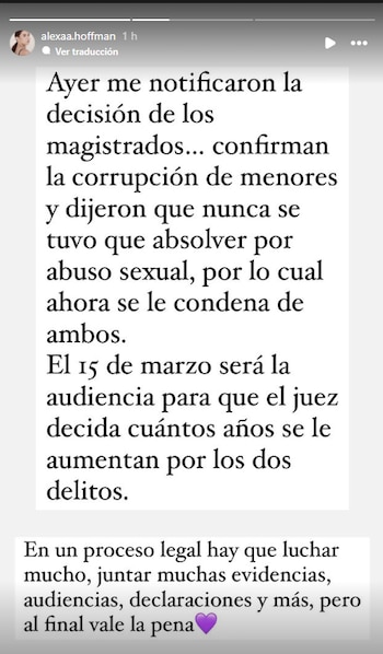 Tras una larga espera, Alexa Hoffman revela que su padre, Héctor Parra, enfrentará sentencia por graves acusaciones este 15 de marzo. La dolorosa noticia llega después de más de dos años de prisión preventiva