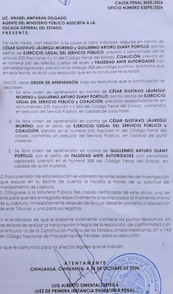 Documento judicial revelado tras la detención del exfiscal César Jáuregui. Crédito: X - @LuisKuryaki