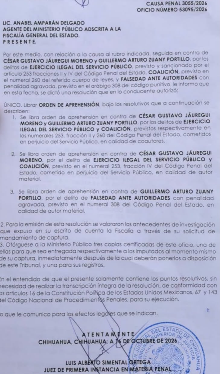 Documento judicial revelado tras la detención del exfiscal César Jáuregui. Crédito: X - @LuisKuryaki