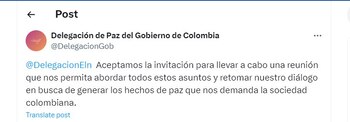 Delegación de Paz del Gobierno de Colombia confirma que retomaran dialogos con el ELN - crédito @DelegacionGob