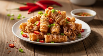 Un plato de Jiao Yan You Yu, calamares fritos dorados y crujientes, adornado con chiles rojos en rodajas y cebolletas picadas, sobre una mesa de madera.