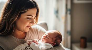 Una mujer de cabello castaño claro sonríe suavemente mientras acuna a un bebé dormido envuelto en una manta blanca, bajo una luz cálida.