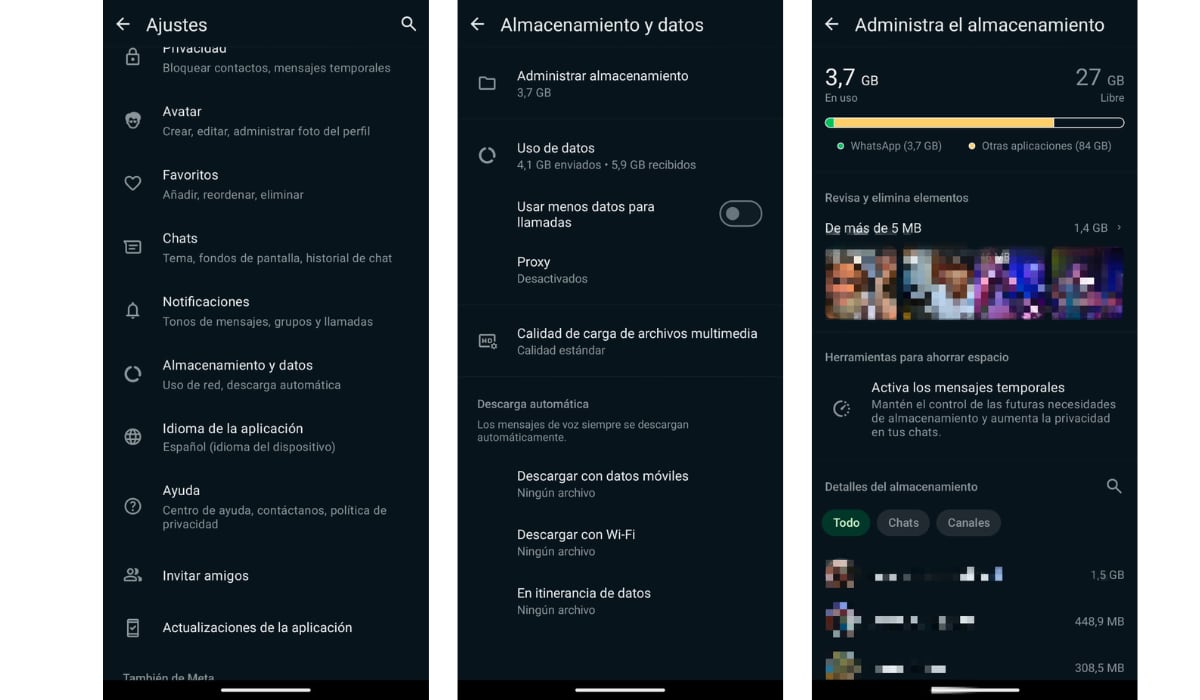 En el menú de almacenamiento de WhatsApp se puede ver que chats ocupan mayor espacio. (WhatsApp)