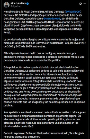 La representación legal enfatizó que el delito de hostigamiento no es querellable y exige la acción penal obligatoria por parte del ente investigador - crédito @PipeCab/X