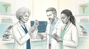 Dibujo de tres científicos en un laboratorio luminoso. Una mujer mayor mira un frasco, un hombre una pantalla con gráficos, y una mujer joven escribe en una tableta.