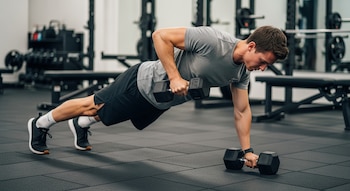Un hombre en ropa deportiva realiza un remo renegado en un gimnasio, apoyando una mano en una mancuerna en el suelo y levantando otra hacia su torso.