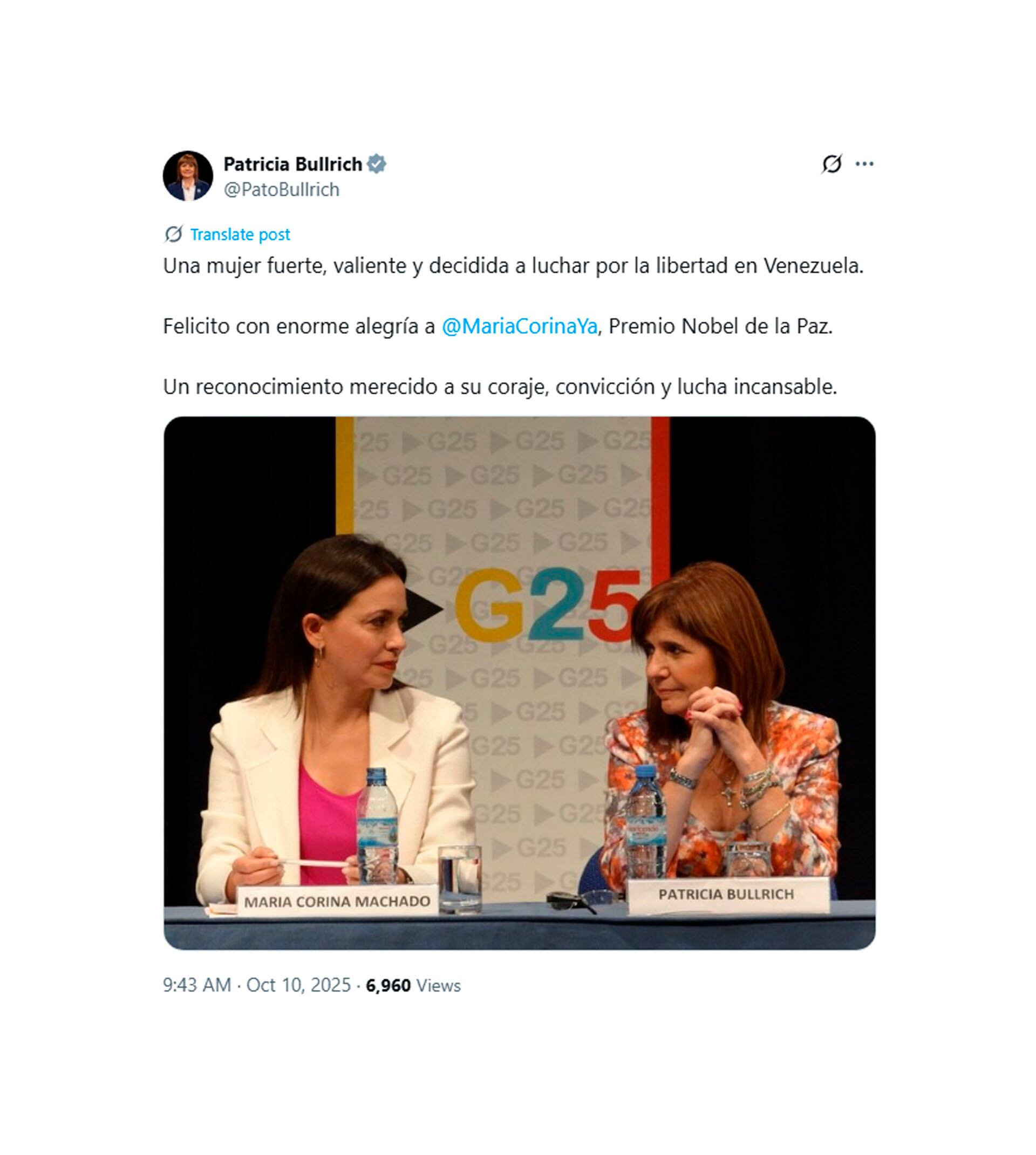 El mensaje de Patricia Bullrich en X