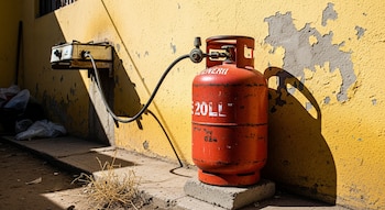 Tanque de gas rojo cilíndrico sobre un bloque de concreto, conectado por una manguera a una estufa pequeña montada en una pared amarilla descascarada.