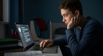 Joven sentado en una habitación oscura, mirando su laptop que muestra un chatbot de IA. Tiene una mano en la barbilla y la otra en el teclado.
