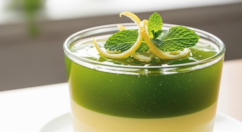 Vaso transparente con gelatina de dos capas, una verde en la parte superior y otra beige en la inferior, decorado con hojas de menta y ralladura de limón.