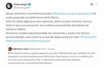 Diana Angél defendió a Adriana Lucía y al vocalista de Doctor Krapula ante ataques con relación a alias Bendidto Menor - crédito @DianAngel01/X