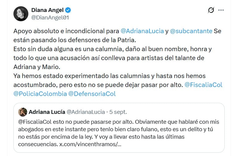 Diana Angél defendió a Adriana Lucía y al vocalista de Doctor Krapula ante ataques con relación a alias Bendidto Menor - crédito @DianAngel01/X