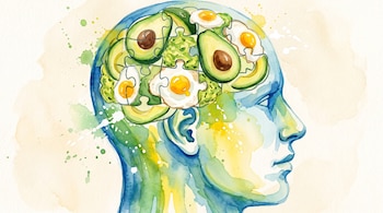Ilustración en acuarela del perfil de una cabeza con piezas de rompecabezas de aguacates y huevos fritos en la zona cerebral.